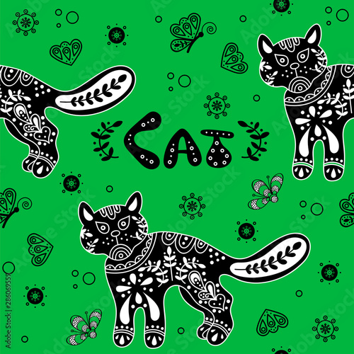 seamless background. cat, Scandinavian style drawing, black and white. cat color flat hand drawn vector character.