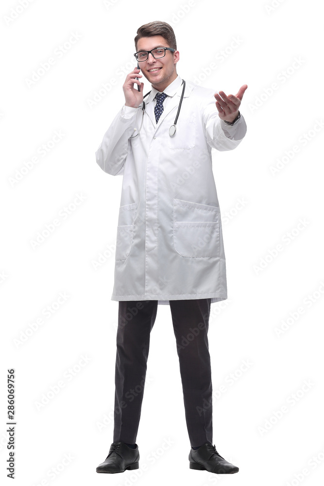 doctor therapist talking on mobile phone. isolated on white doctor therapist talking on mobile phone. isolated on white