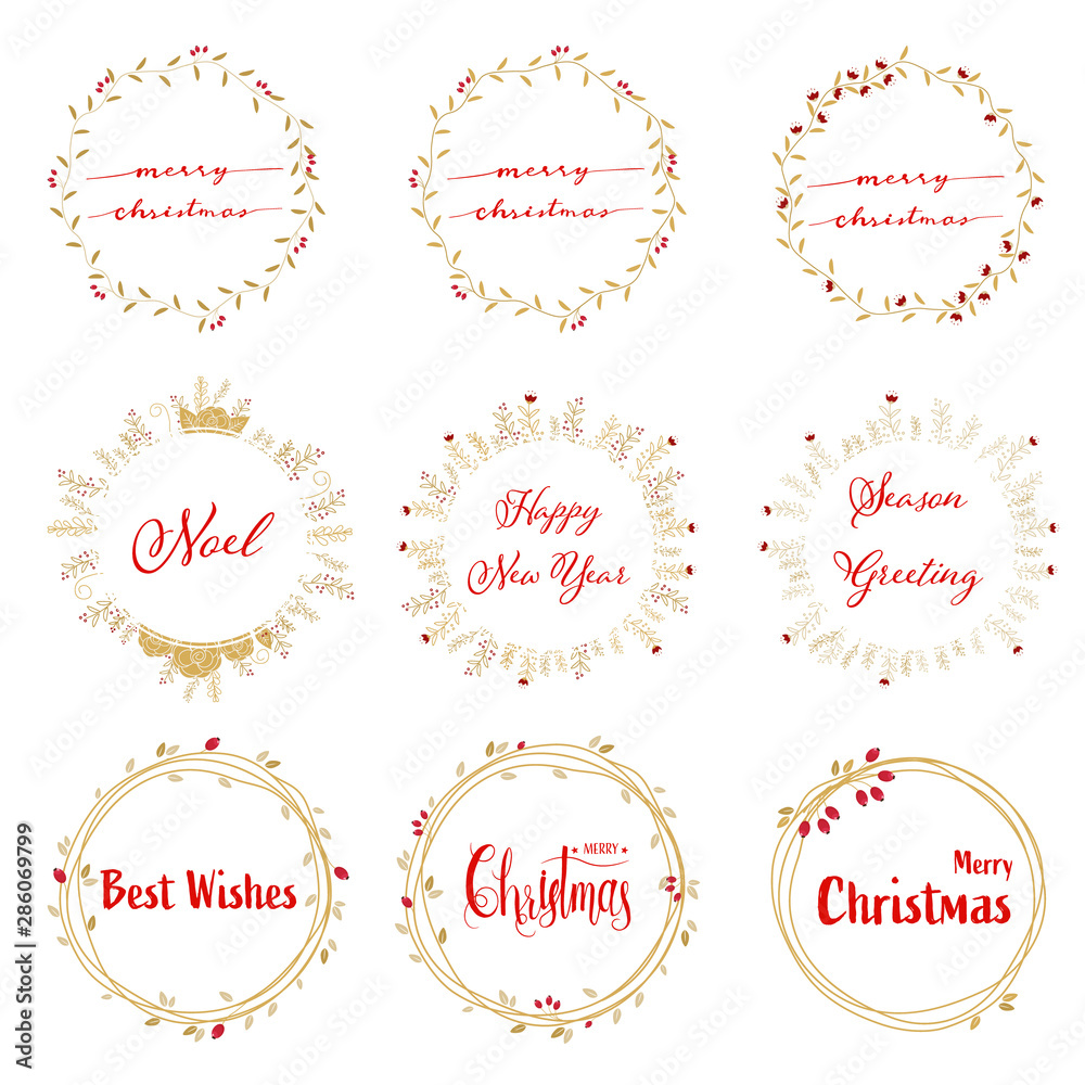 golden christmas wreath with red calligraphy collection eps10 vector illustration golden christmas wreath with red calligraphy collection eps10 vector illustration