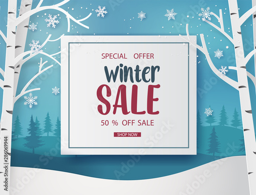 Winter Sale Banner with Snowmen in Forest Scene