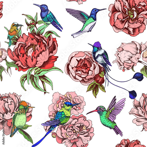 Template for wedding invitation. Card vector illustration with peony and hummingbird.