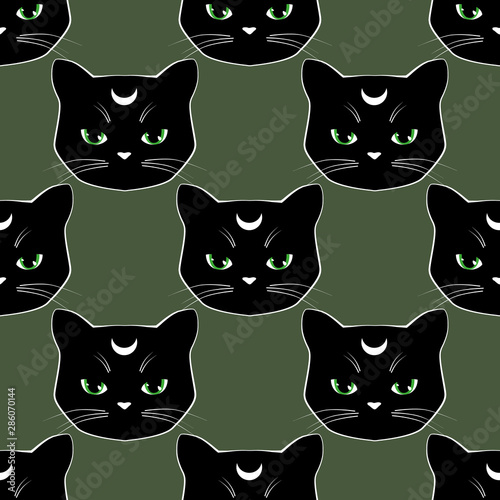 Seamless pattern background with black cat faces. Moon kitten character. Vector illustration