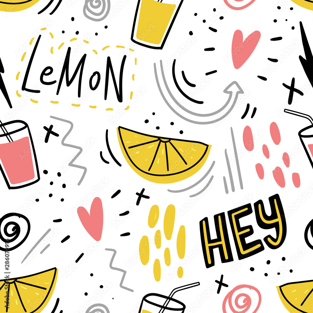 Hand drawn kids seamless pattern with lemon and juice and hand drawn lettering words hey for print, textile, kids clothes.