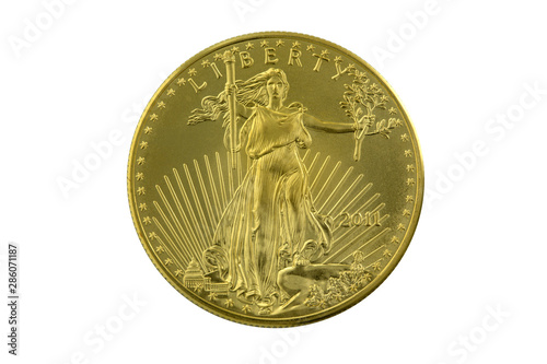 Gold coin dollar Liberty on white backround. American Eagle Gold Coin Proof $50