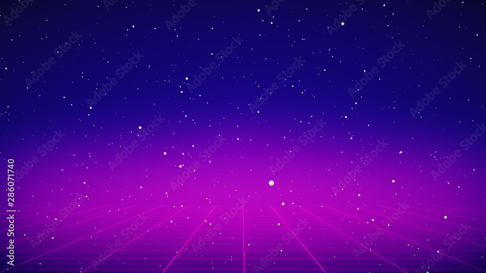 Future Retro Sci-Fi Background Futuristic landscape of the 80`s. Digital Cyber Surface. Suitable for design in the style of the 1980`s. 3D illustration