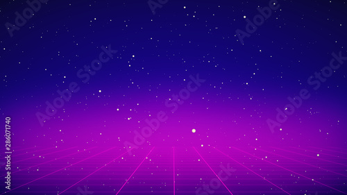 Obraz na płótnie Future Retro Sci-Fi Background Futuristic landscape of the 80`s. Digital Cyber Surface. Suitable for design in the style of the 1980`s. 3D illustration w salonie