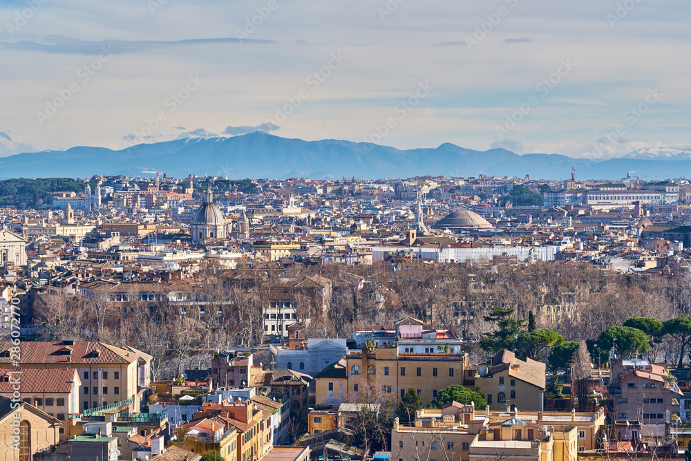 Rome skyline view from Janiculum Terrace (Terrazza del Gianicolo) in Italy