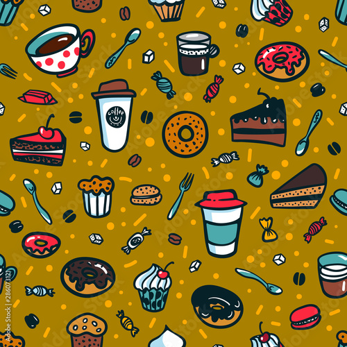 Coffee theme seamless background. Colorful doodle style set of objects on cof...