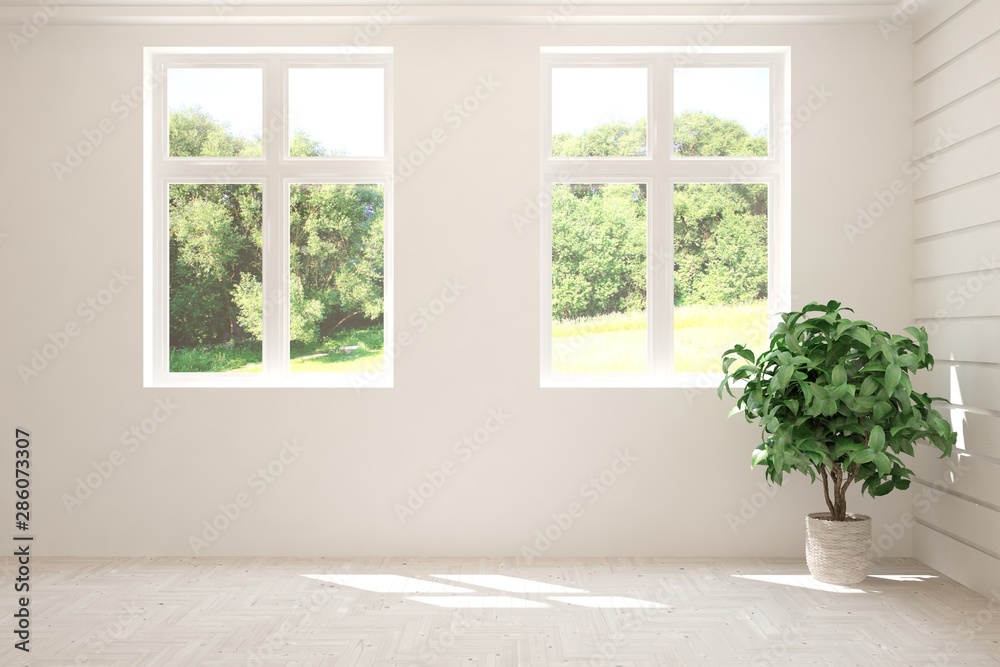 Stylish empty room in white color with summer landscape in window. Scandinavian interior design. 3D illustration Stylish empty room in white color with summer landscape in window. Scandinavian interior design. 3D illustration