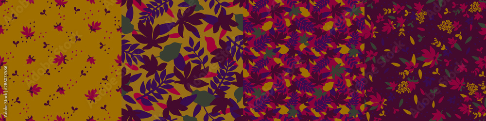 Set trendy seamless patterns with hand drawn decorative flowers in purple and mustard shades. Floral vector patterns for textile, print, gift wrap, manufacturing. Set trendy seamless patterns with hand drawn decorative flowers in purple and mustard shades. Floral vector patterns for textile, print, gift wrap, manufacturing.
