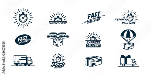 Big Delivery related monochrome Icons set. Logos with timer and fast, food, trucks, boxes and so on. Flat style vector illustration isolated on white background.