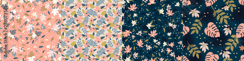 Set trendy seamless patterns with hand drawn decorative flowers in peach shad...