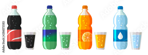 set of plastic bottle of water and sweet soda with glasses. Flat vector water soda icons illustration isolated on white