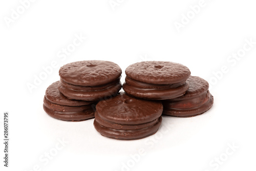 Chocolate cookies isolated on white background. Chocolate pie.