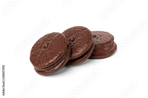 Chocolate cookies isolated on white background. Chocolate pie.