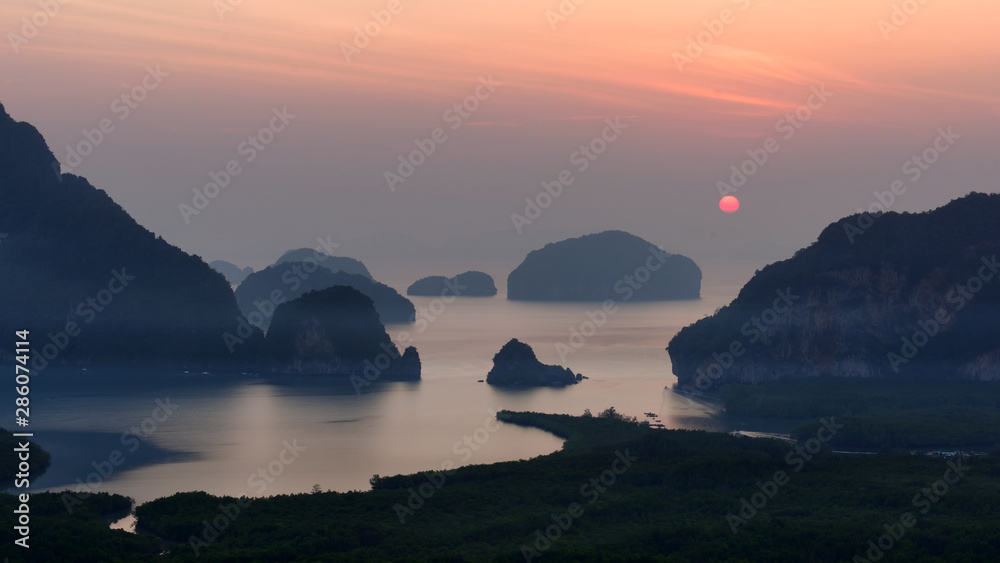 Sunrise at Phang-nga bay from Samet Nangshe viewpoint in Phang-nga province, Thailand