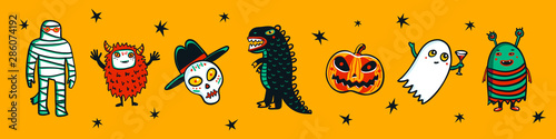 Halloween horizontal banner with funny monsters. Cartoon style vector illustr...