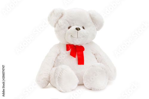 Image of white toy teddy bear sitting at isolated white background.