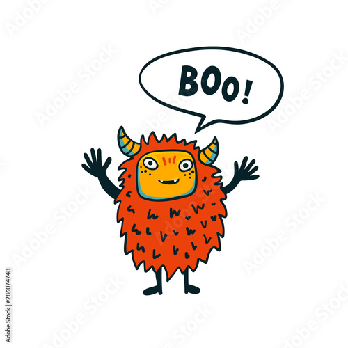Halloween monster. Cute fluffy monster with boo speech bubble on white backgr...