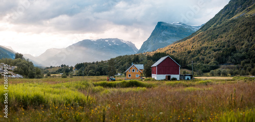 old wooden houses in the mountains (Norway/Geiranger))