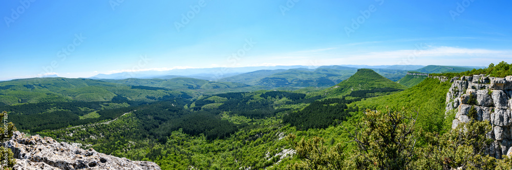 View of the mountain covered with a green carpet of trees and grass, on a bright sunny day, with clouds in the sky. Spring view of the Crimean mountains.