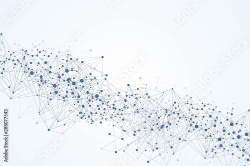 Structure molecule and communication. Dna, atom, neurons. Scientific concept for your design. Connected lines with dots. Medical, technology, chemistry, science background. Vector illustration.