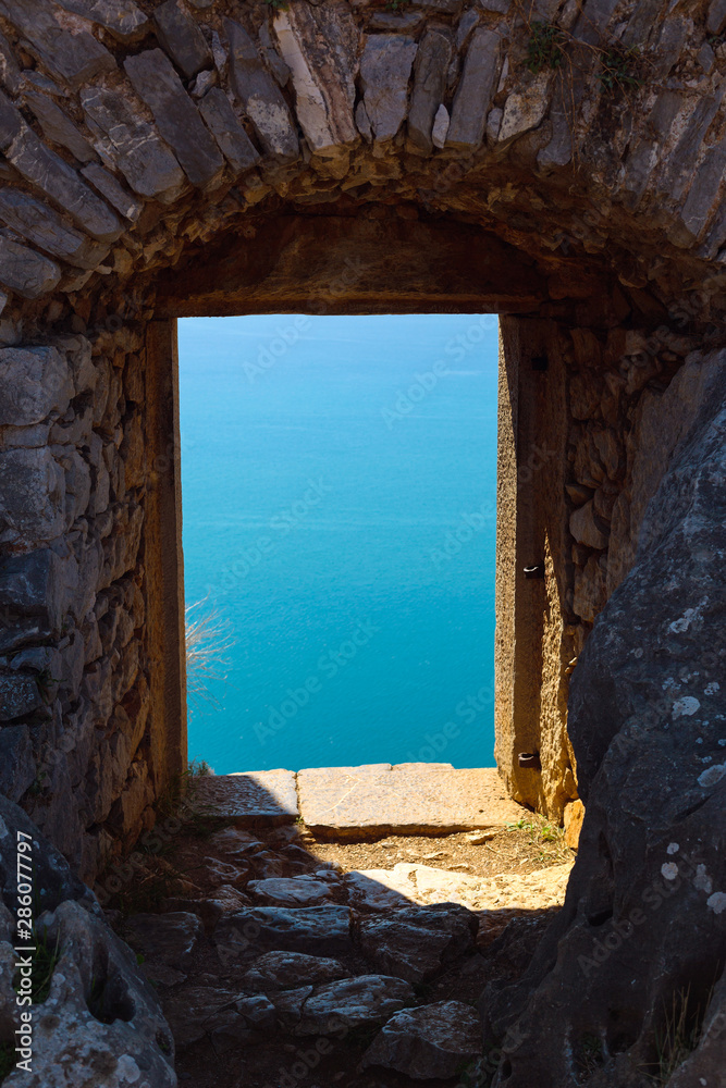 Dangerous doorway in the wall. The fortress of Palamidi, Nafplion, Argolida, Peloponnese, Greece