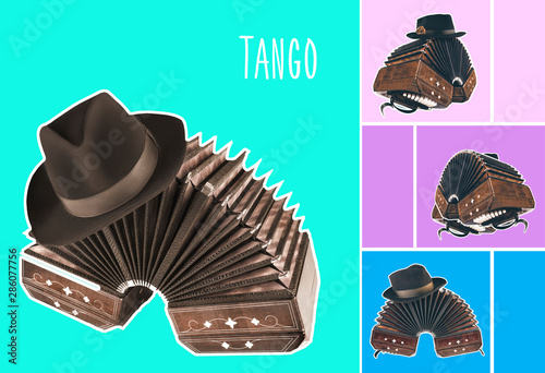 Bandoneon, tango instrument with a male hat on top with white border on pastel color backgrounds