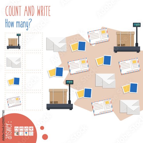 Count and write. How many? Easy worksheet "At the post-office" for preschoolers,  children in elementary and middle school. Fun way to practice math. Includes answers. Vector illustration.