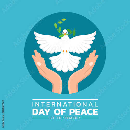 international day of peace banner - hand hold care white dove with olive leaf in circle blue background vector design
