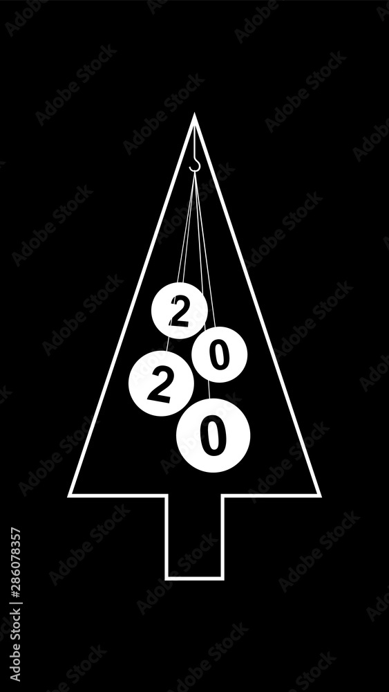 White outline of a Christmas tree with balls not on a dark background with numbers of the new year 2020. Stylish template in the style of minimalism for vertical screens of gadgets. White outline of a Christmas tree with balls not on a dark background with numbers of the new year 2020. Stylish template in the style of minimalism for vertical screens of gadgets.