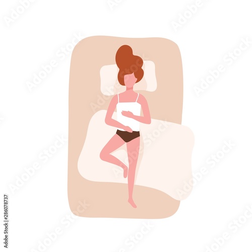 Young woman sleeping on her back. Female character relaxing during night slumber on comfy bed. Lazy young girl lying on cozy mattress at home. Top view. Flat cartoon colorful vector illustration.