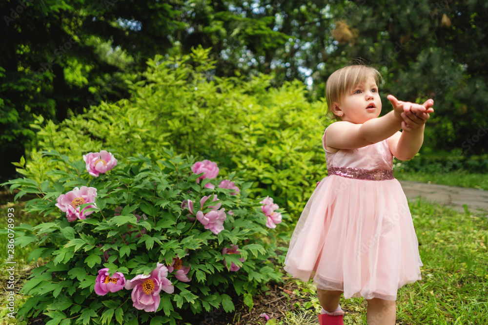 Cute child standing near the flowering bush and reach out