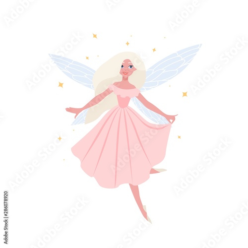 Beautiful flying fairy owith blonde hair in elegant ball gown isolated on white background. Fairytale creature with butterfly wings, magical character from folklore. Flat cartoon vector illustration.