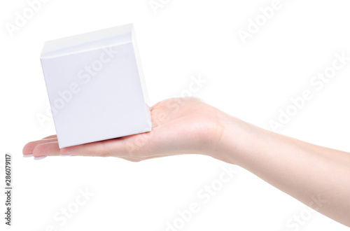 White box in hand on white background isolation
