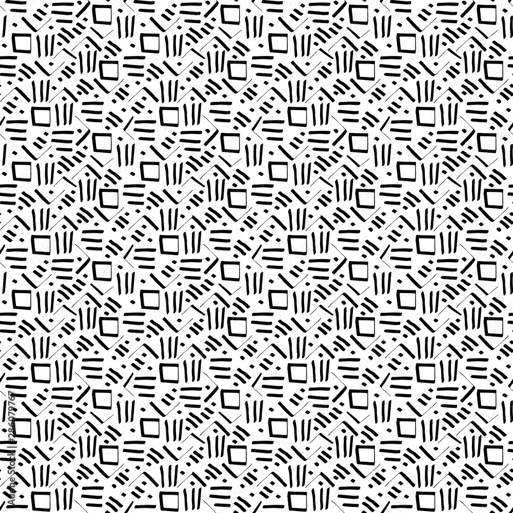 Seamless pattern with ink pen drawings. Doodle sketch. Black outlines on white background. Trendy texture for digital paper, fabric, decorative backdrops, wrapping. Vector illustration. EPS10