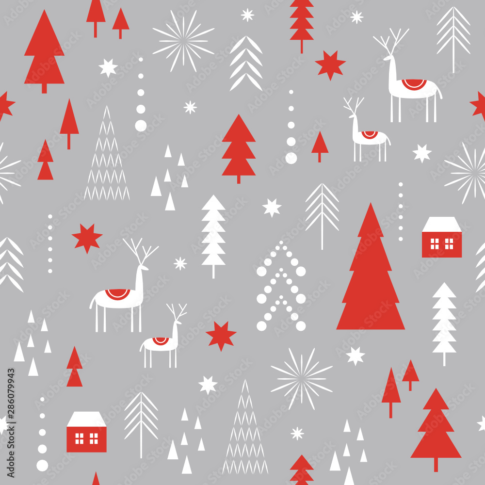 seamless Christmas pattern with stylized deers, trees, snowflakes