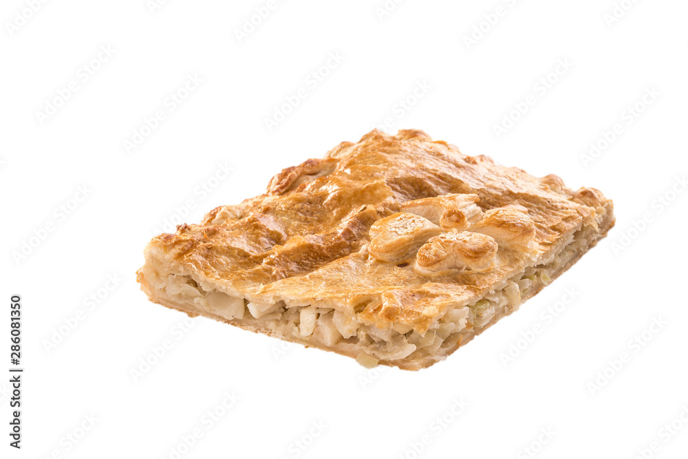rectangle potato pie with decoration isolated on white background rectangle potato pie with decoration isolated on white background