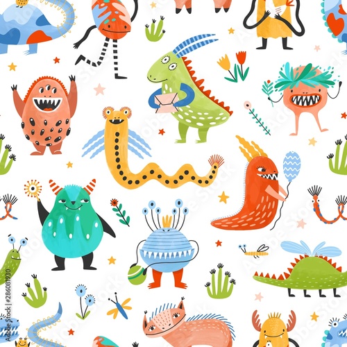 Seamless pattern with strange charming fantastic monsters, magical fairytale creatures, funny mutants on white background. Flat cartoon childish vector illustration for wrapping paper, fabric print.
