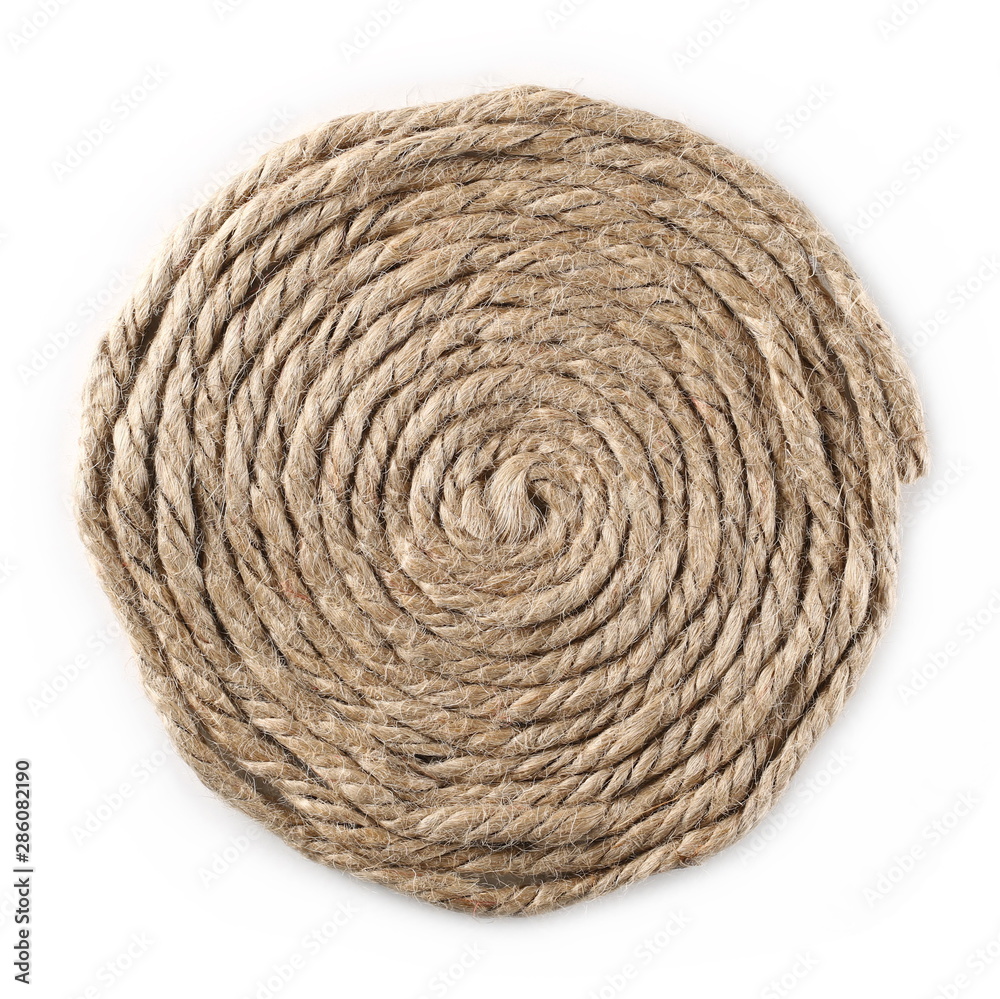Rolled up rope isolated on white background, texture, top view Rolled up rope isolated on white background, texture, top view