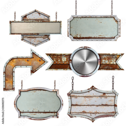 Set of old metal steel sign isolated on white background