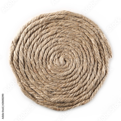 Fotografie Rolled up rope isolated on white background, texture, top view