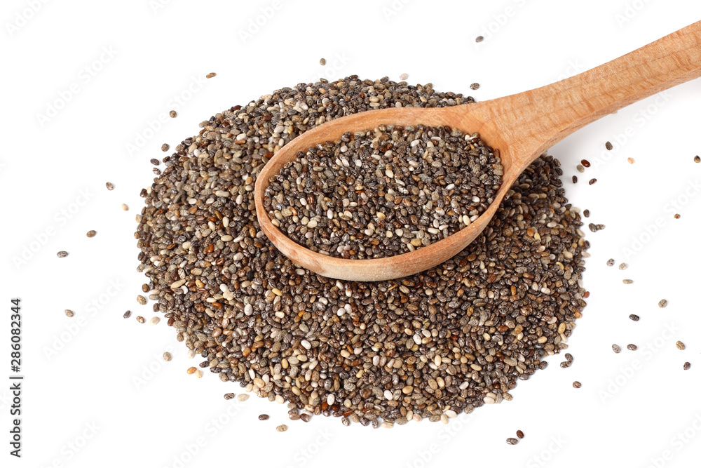 Chia seeds in wooden spoon isolated on white background. Chia seeds in wooden spoon isolated on white background.