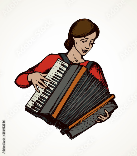 Lady plays the accordion. Vector drawing