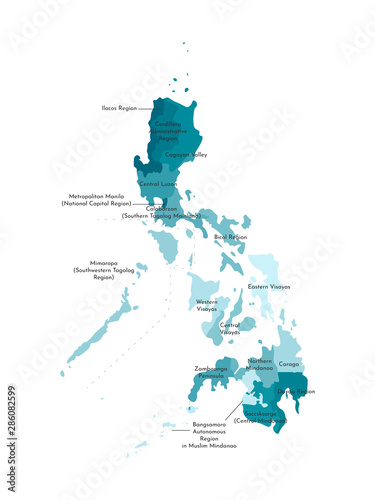Vector isolated illustration of simplified administrative map of Philippines. Borders and names of the regions. Colorful blue khaki silhouettes photo