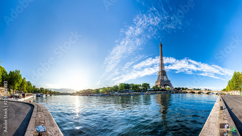 Scenic panorama of the Eiffel Tower and the riverside of Seine in Paris, France. 360 degree panoramic view