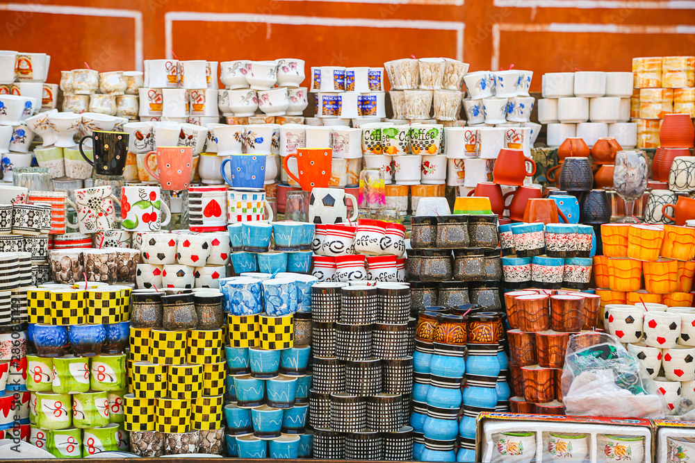 JAIPUR, RAJASTHAN, INDIA, FEBRUARY 23, 2019 - Variety of tea and coffee mugs for sale in asian market - Image