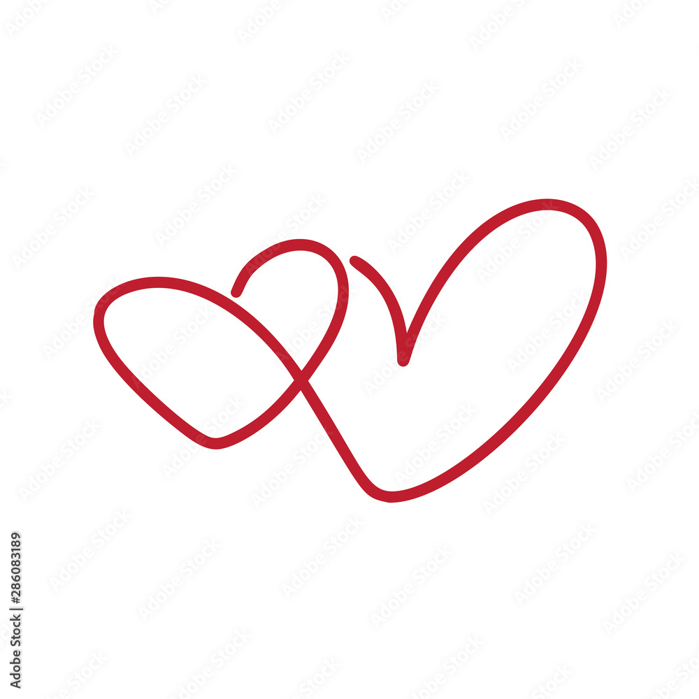Calligraphy monoline vector two Heart love sign. Romantic Hand drawn icon of valentine day. Concepn symbol for t-shirt, greeting card, poster wedding. Design flat element illustration