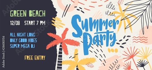 Seasonal web banner template decorated by tropical palm trees, paint stains, ...