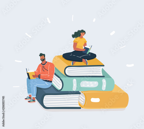 Man and woman reading books sitting on many books
